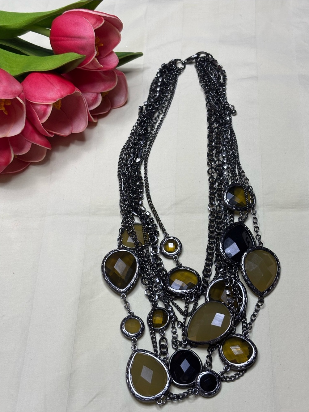 Multi-Strand Layered
Station Necklace - Olive Green &
Gunmetal Chains